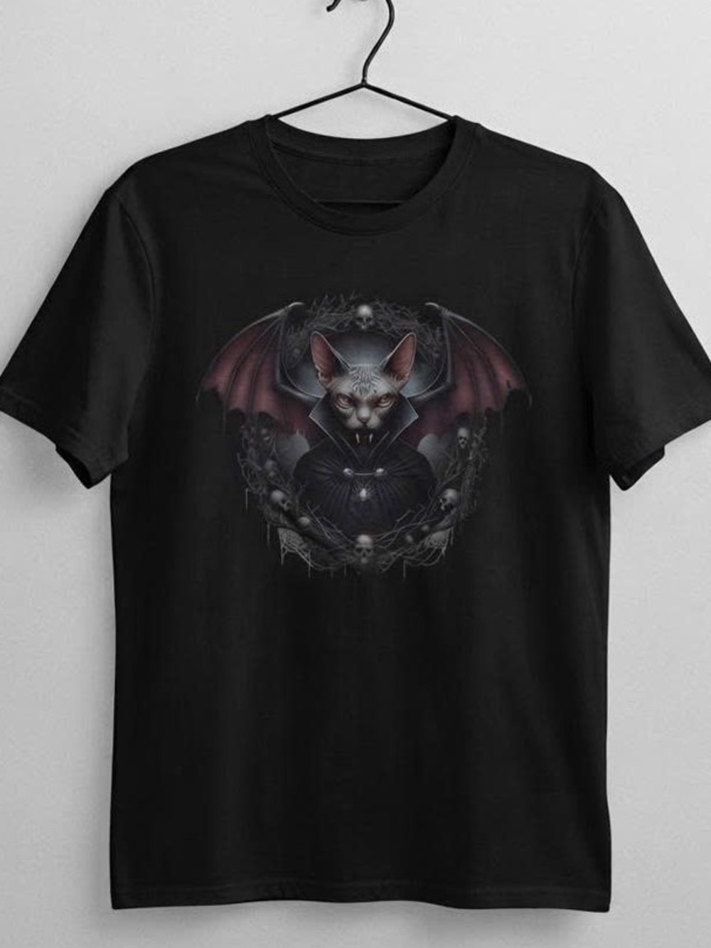 Black Short Sleeve Tee with Gothic Bat-Cat Graphic